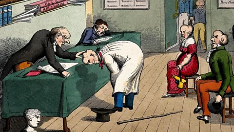 An illustration of an employment agency phrenology exam, 1800s