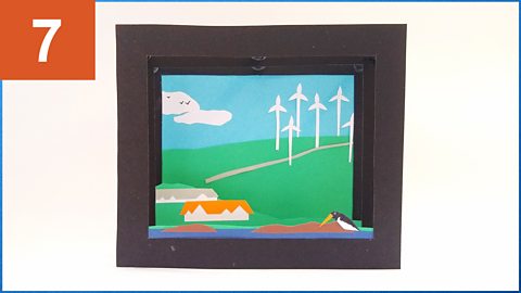 A finished layered frame scene of a countryside scene with wind turbines