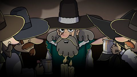 A cartoon image of Robert Catesby surrounded by other members of The Gunpowder Plot