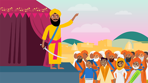 In 1699, Sikhs from all over the Punjab gathered together to celebrate the local harvest festival of Vaisakhi. The tenth guru, Guru Gobind Singh, came out of a tent carrying a sword. He asked anyone who was prepared to give their life for their religion to step forward.