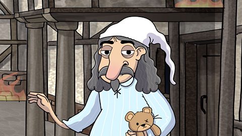 A cartoon image showing the Lord Mayor of London in 1666. He is dressed in a nightshirt and holding a teddy bear.