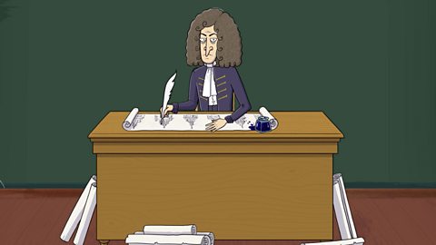 A cartoon image of Sir Christopher Wren drawing buildings using a quill and ink