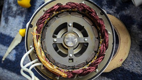 Inside a generator, showing the copper wires and magnets