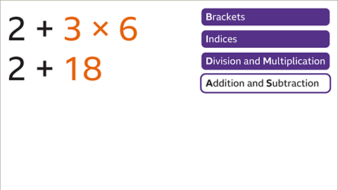 Two plus eighteen. Addition and subtraction is highlighted in the BIDMAS rules.