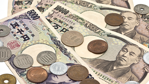 Photograph of Japanese bank notes and coins