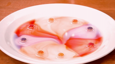 Water is added to the sweets, and the colours begin to run into one another. 