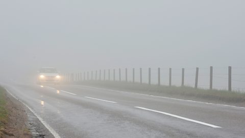 A car with its lights on drives along a road in heavy fog.