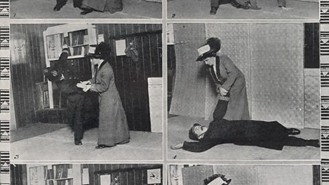 Images of Edith Garrud performing jiu-jitsu on a policeman.