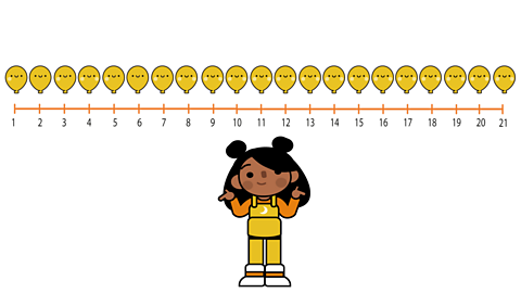 Girl with 21 yellow balloons and a numberline counting to 21