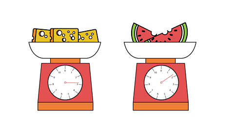 A weighing scale with 2kg 800g cheese and weighing scale with 1kg 700g melon