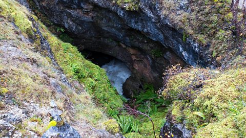 Looking down on the entrance to a cave