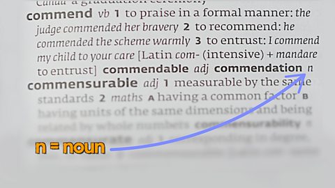 A page of the dictionary showing the word commend and its different forms.