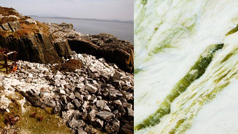 Marble quarry on Isle of Iona (left) and close up of white marble with yellow-green markings (right)