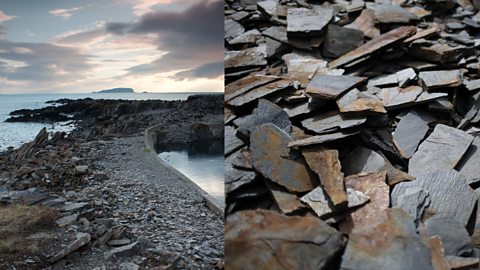 Old slate quarry on Easdale Island (left) and close up of slate (right)