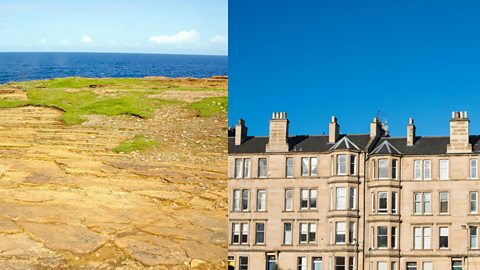 Old Red Sandstone cliffs (right) and sandstone tenements (left)