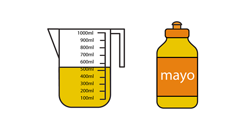 A  measuring jug with 550 ml of mayonnaise and a bottle of mayonnaise