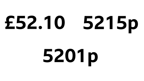 £52.10, 5215p and 5201p.