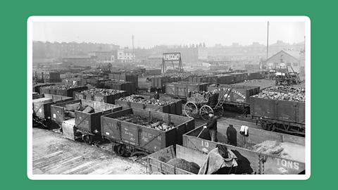 A photograph of wagons in a London coal yard, about 1900.