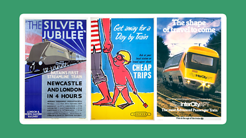 Three railway posters advertising Britain's first streamline train, affordable holidays and commuting from Glasgow to London.