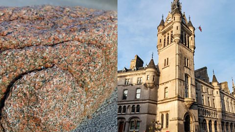 Close up of granite rock on a beach (left) and the tower of the Town House in Aberdeen (right)