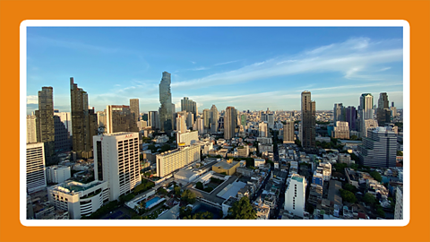 A view of skyscrapers in Bangkok, Thailand in 2020 with clean air and blue sky