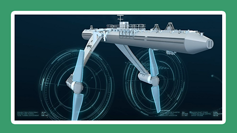 An illustration of the tidal stream device from below the water, showing the rotary blades of the turbines.