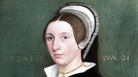 A portrait of Catherine Howard, who is wearing a white headdress and a gold necklace.