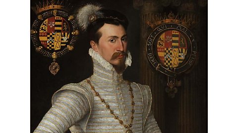 A portrait of Robert Dudley, who is wearing a black cap with a feather in and standing in front of two coats of arms.
