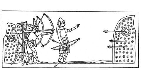 Illustration of archery practice with the bow and target