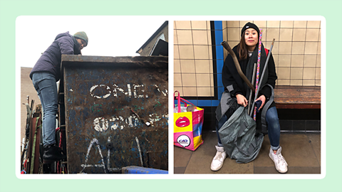 Mona looks for waste objects in a skip while Natalie gathers items together