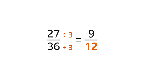 The numerator and denominator of twenty-seven thirty sixths is divided by three. This shows the missing denominator is twelve.