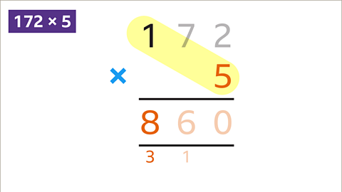 The hundreds column is highlighted. 100 times 5 is 500. 860 is written in the answer space.