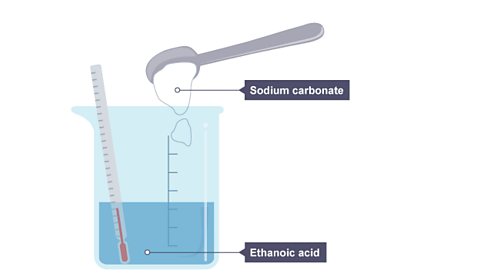 Sodium carbonate powder is tipped into a beaker of ethanoic acid which contains a thermometer showing room temperature
