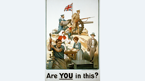 Recruitment poster from World War One showing people from different backgrounds in the war