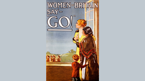 Recruitment poster from World War One with women and children asking men to go to war