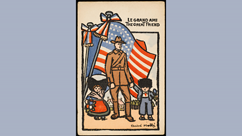 Illustration of America as Le Grand Ami a soldier and two children in front of a flag