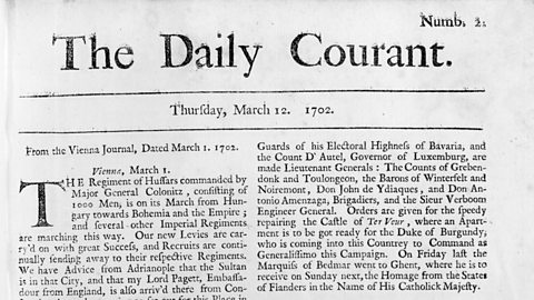 A newspaper with the heading 'The Daily Courant' and the date 'Thursday March 12, 1702'.