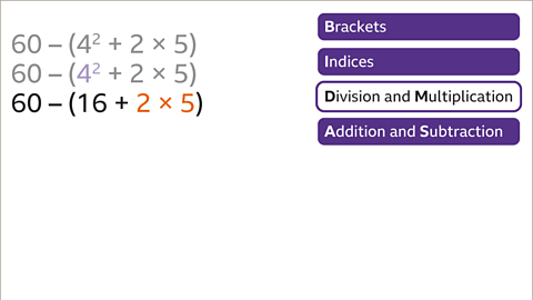 Sixty minus brackets, four-squared plus two multiplied by five. Sixty minus brackets, four-squared plus two multiplied by five. Sixty minus brackets, sixteen plus two multiplied by five (highlighted). Brackets and indices highlighted.