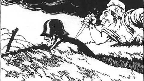 A black and white cartoon depicting an offensive antisemitic image.