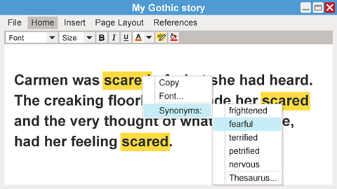 Carmen was SCARED - COPY. FONT Synonyms - Frightened fearful terrified petrified nervous Thesaurus -  of what she had heard. The creaking floorboards made her scared and the very thought of what it could be, had her feeling scared