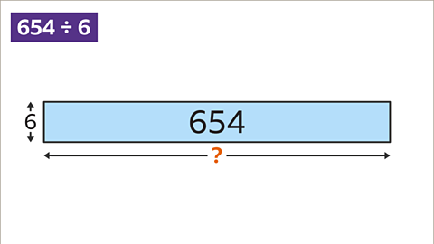 Six-hundred and fifty-four divided by six: A diagram of six-hundred and fifty-four inside a box shaded in blue. To its left, a six between arrows pointing up and down. Underneath an orange question mark between arrows pointing left and right.