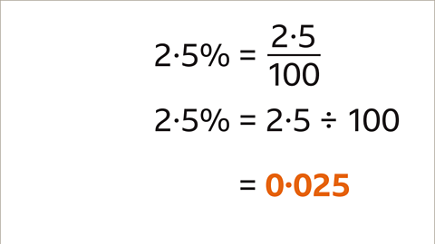 Two point five per cent equals two point five one hundredths. Two point five percent equals two point five divided by one hundred. This equals zero point zero two five.