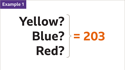 Example 1: Yellow, blue and red labels each followed by question marks equals two-hundred and three – highlighted.