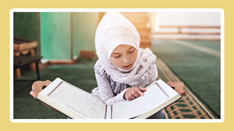 A picture of a young girl reading a holy book.