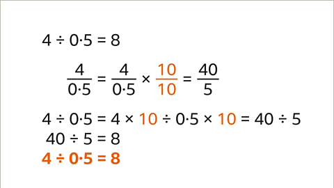 Four over zero point five equals four over zero point five multiplied by ten tenths equals forty fifths. Four divided by zero point five equals four multiplied by ten divided by zero point five multiplied by ten equals forty divided by five. Ten divided by zero point five equals twenty – highlighted.