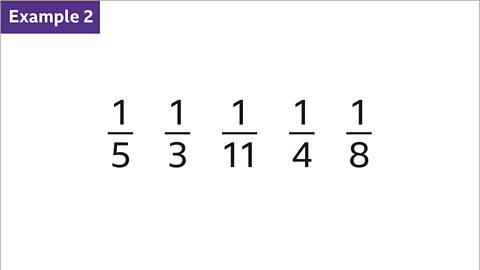 Example 2: Five fractions in a horizontal line. One over five. One over three. One over eleven. One over four. One over eight.