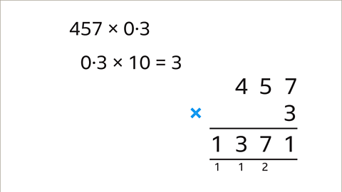 Four-hundred and fifty-seven multiplied by zero point three. Zero point three multiplied by ten equals three. Four-hundred and fifty-seven multiplied by three equals one-thousand three-hundred and seventy-one.