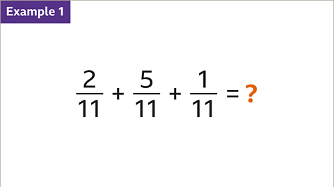 Example 1: Two elevenths plus five elevenths plus one eleventh equals question mark (highlighted).