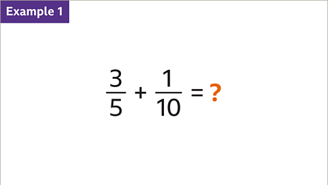 Example 1: Three fifths plus one tenth equals question mark (highlighted).