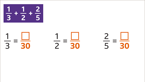 Example 2: One third, one half, two fifths each equalling a blank box over thirty highlighted.